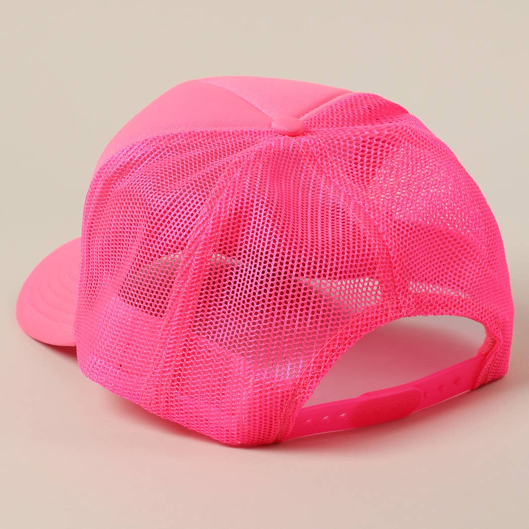 JESUS SAVES I SPEND Text Mesh Back Trucker Hat: NEON PINK