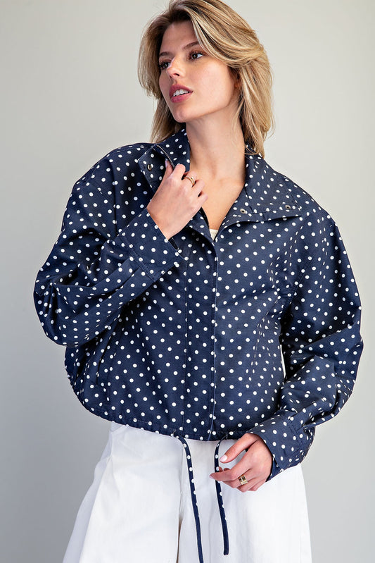 Navy Polka Dot Zipper Jacket