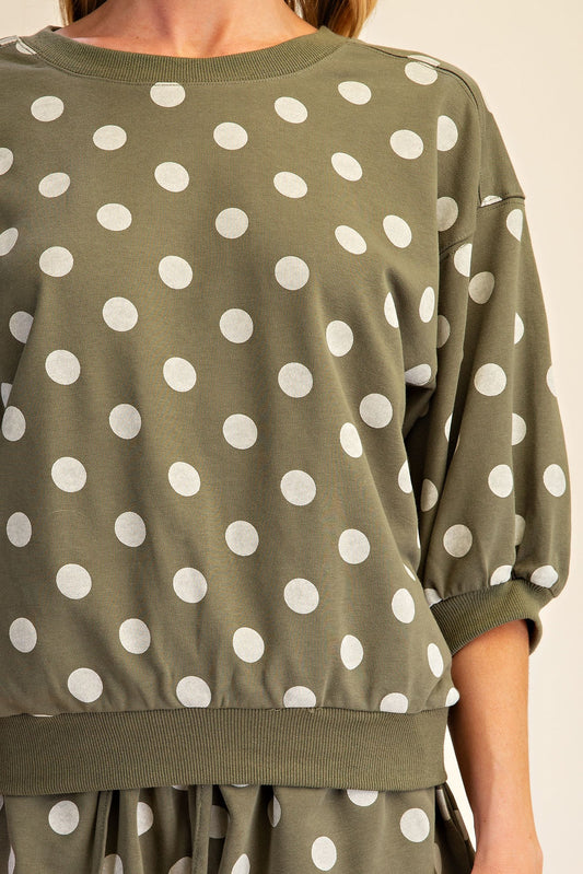 Olive Bubble Sleeve Polka Dot Sweatshirt
