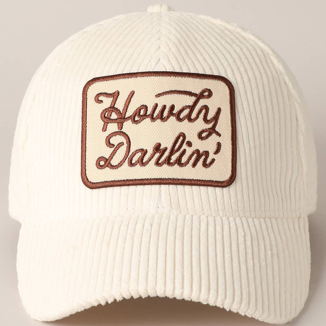 Howdy Darlin' Embroidery Patch Corduroy Cap: Cream