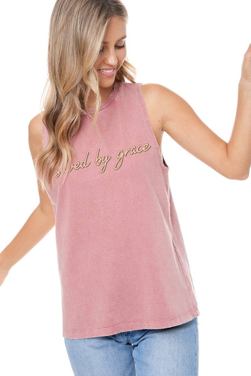 "Saved By Grace" Graphic Washed Tank: Dusty Pink