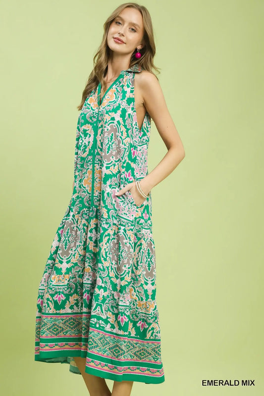 Emerald Print Boho Tiered Midi Dress