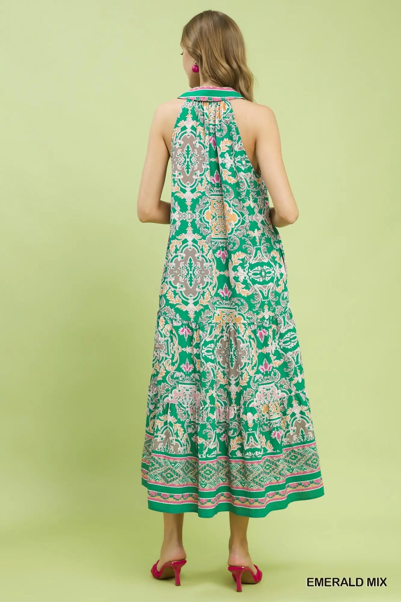 Emerald Print Boho Tiered Midi Dress