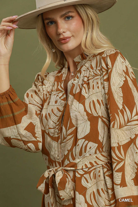 Golden Palm Midi Shirt Dress