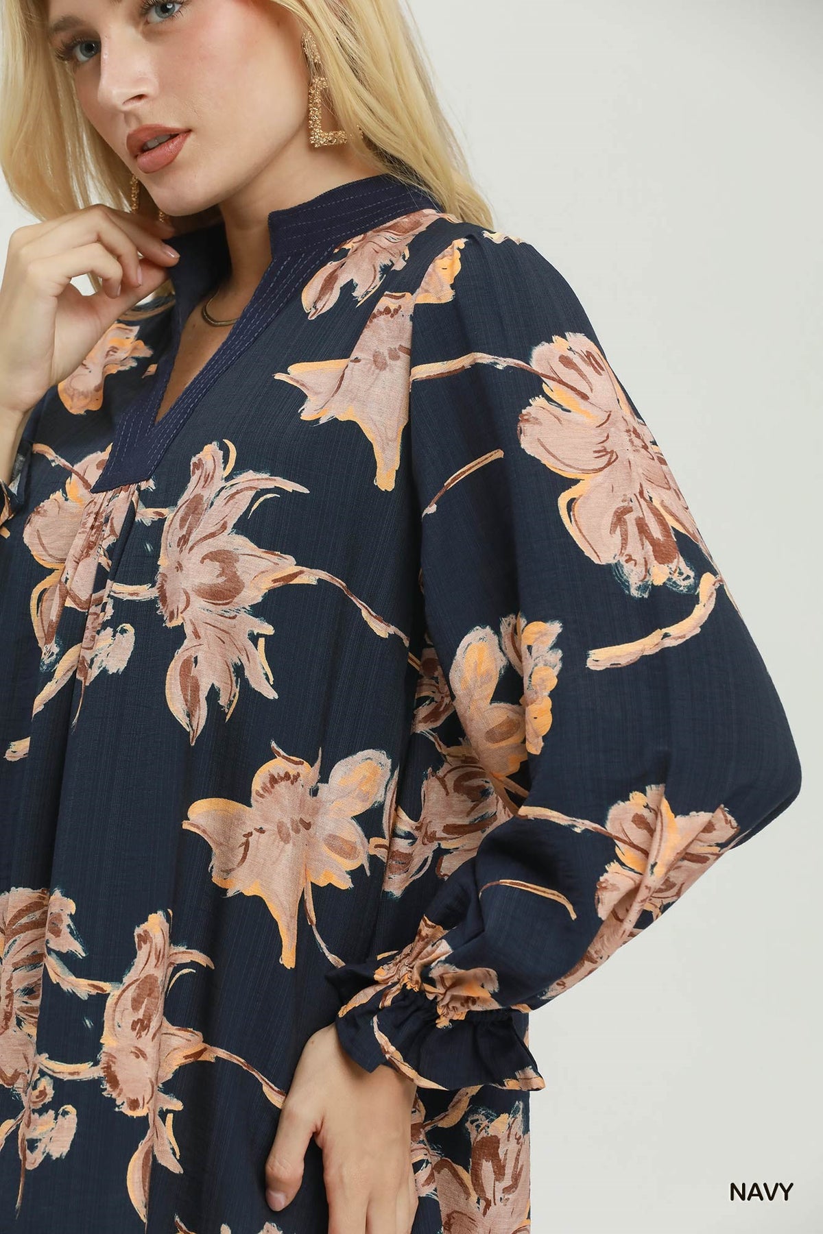 Navy Bloom Long Sleeve Shift Dress