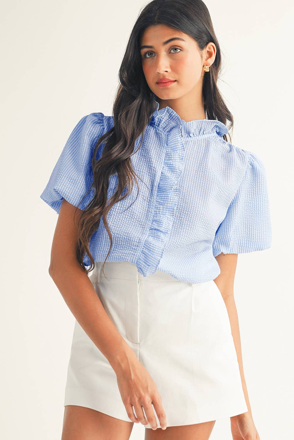 LDC Striped Ruffle Short Bubble Sleeve Top: Black / L