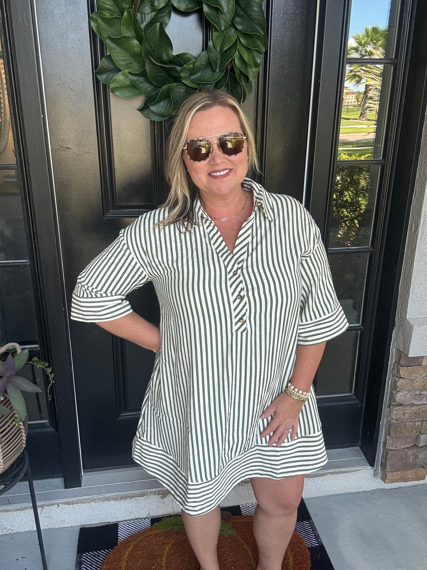 Pine & Cream Striped Collared V-neck Dress