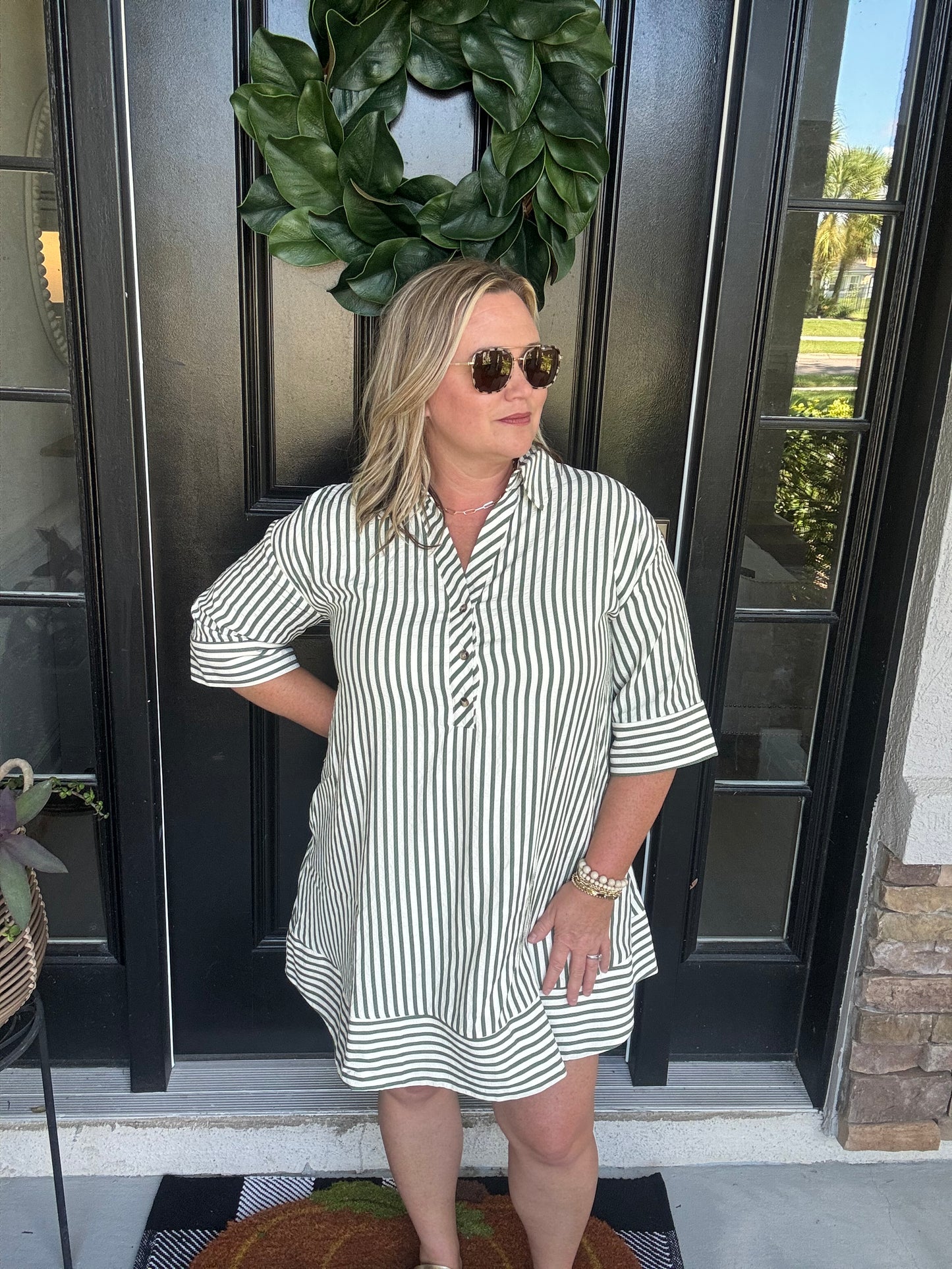Pine & Cream Striped Collared V-neck Dress
