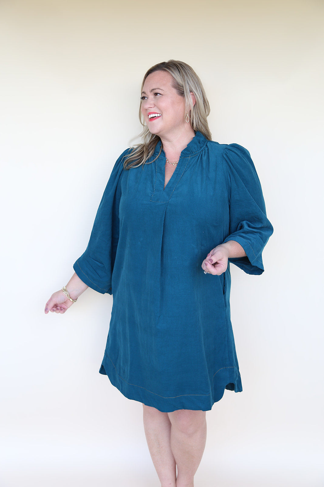 Teal Corduroy Ruffled V-Neck Shift Dress