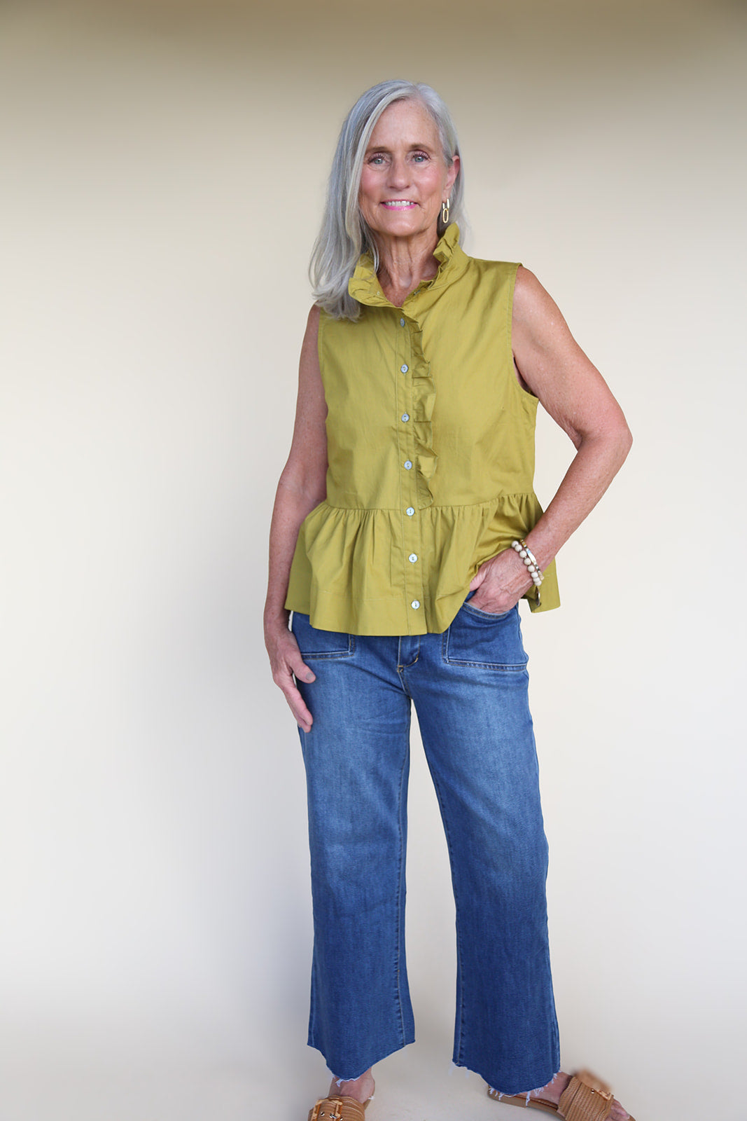 Page Sleeveless Olive Ruffled Top