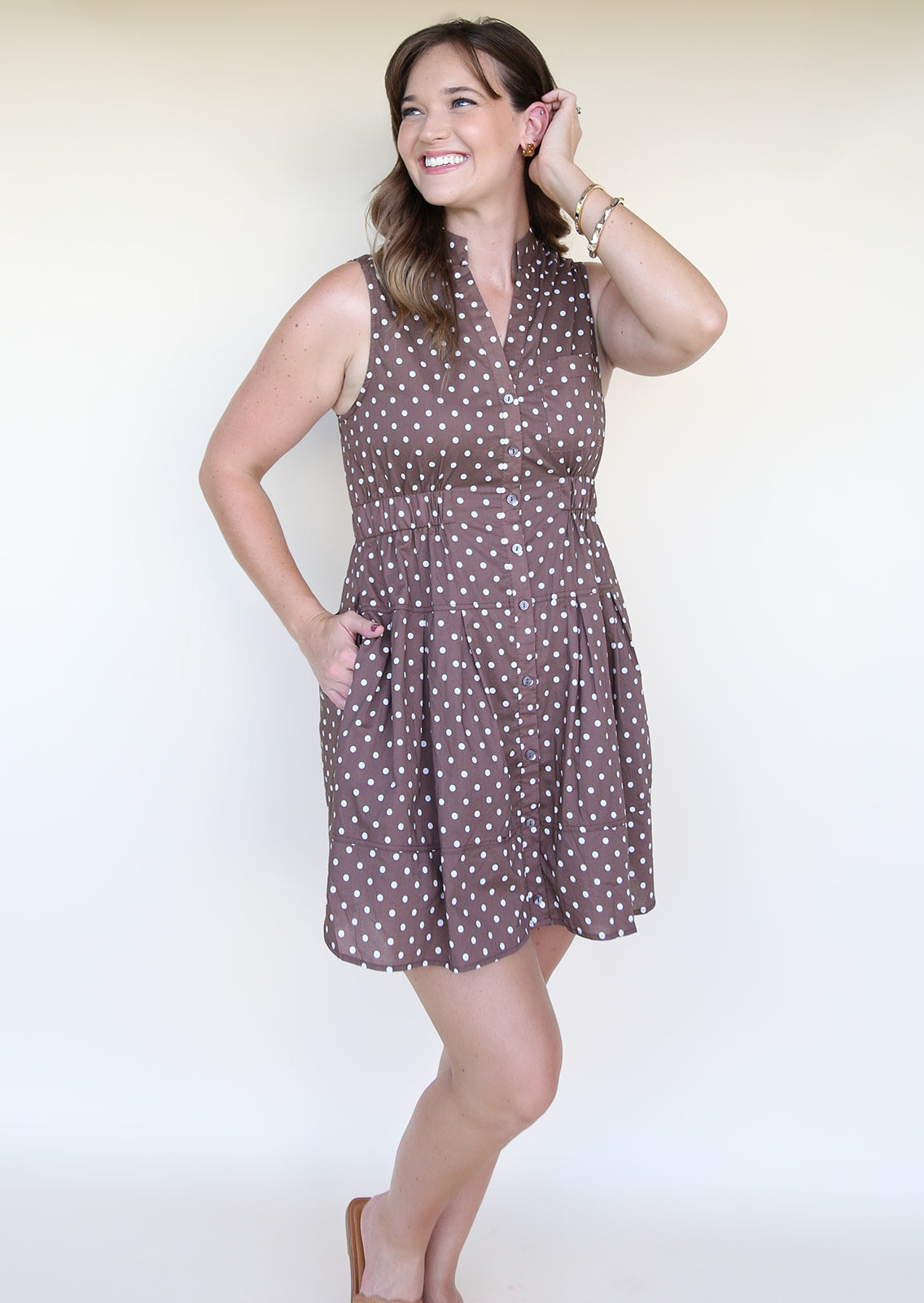 Kayla Sleeveless Cocoa Dress with Polka Dots