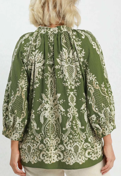 PLUS-Olive & Cream Paisley Blouse