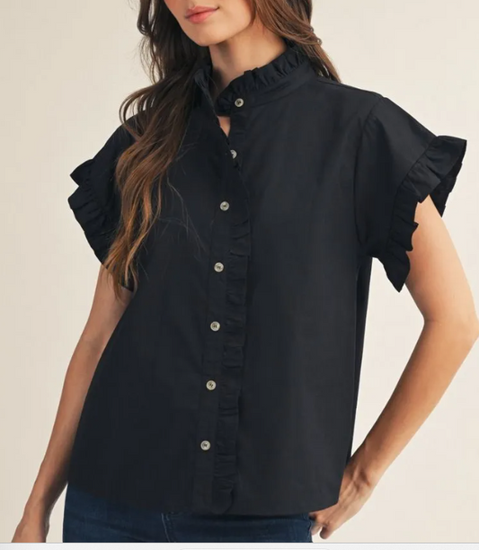 Black Ruffle Collared Top