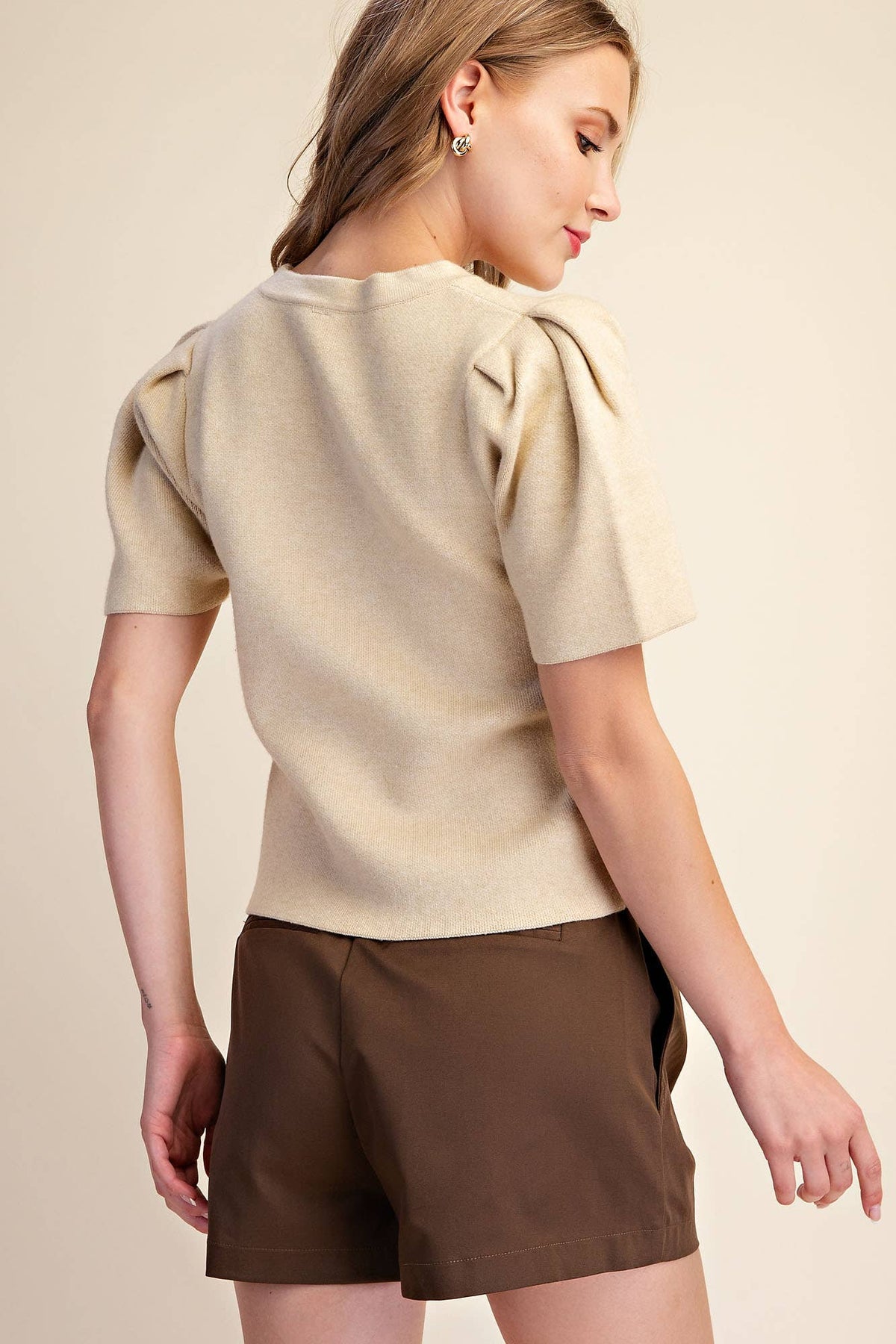 Puff Sleeve Pullover Knit Top: Teal / M