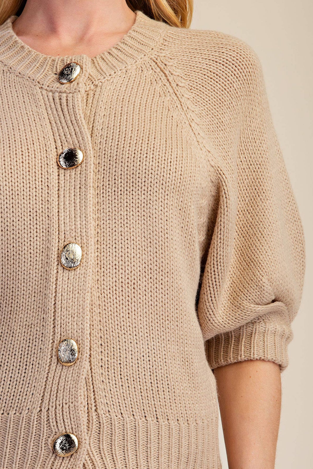 Puff Sleeve Sweater Cardigan: Black / M