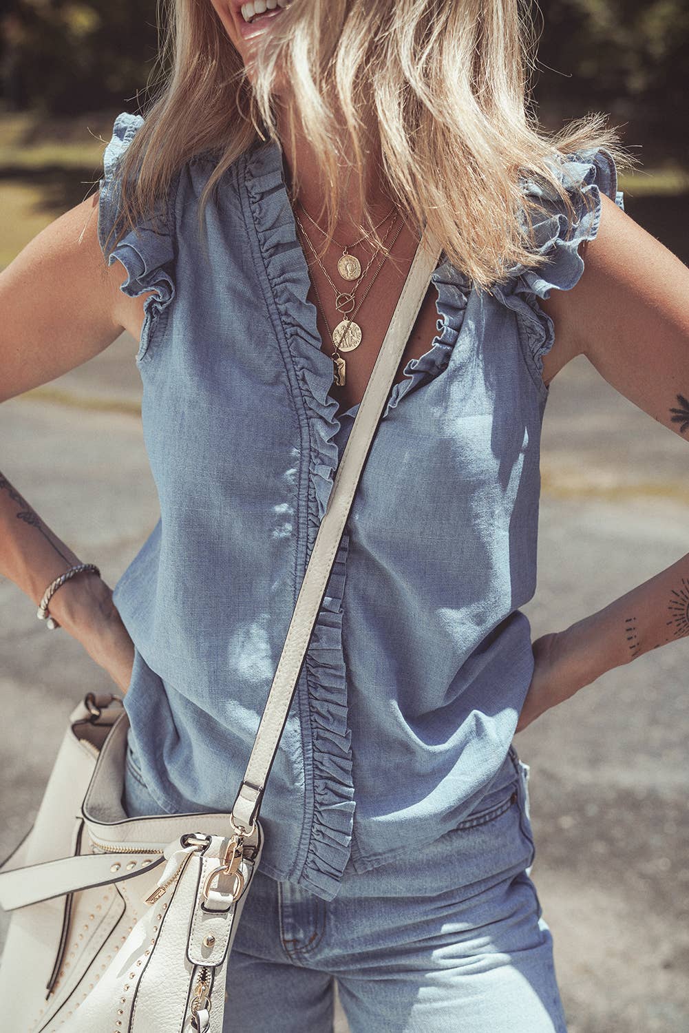 Ruffle Trim V Neck Chambray Top: Beau Blue