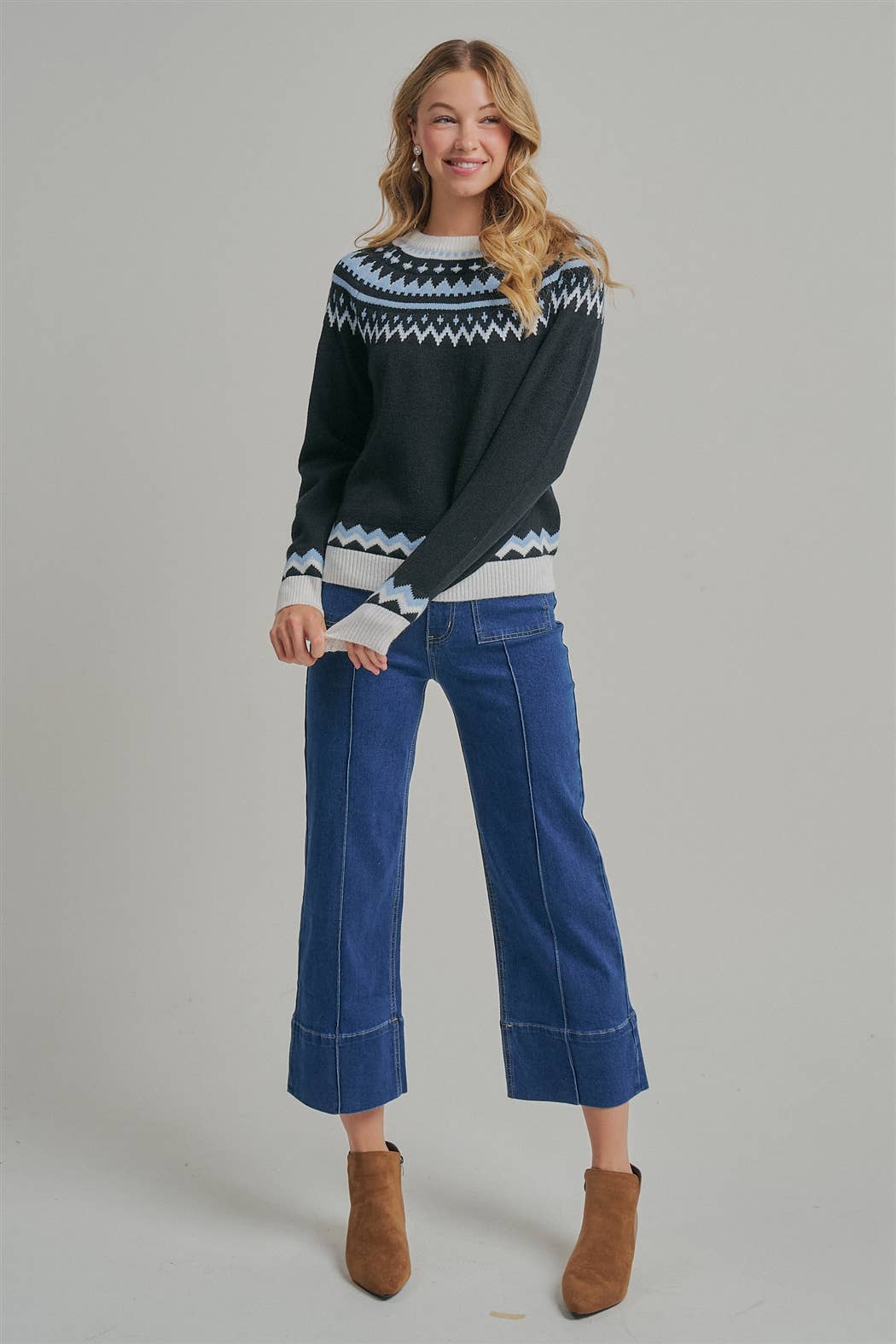 NORDIC FAIR ISLE CREWNECK SWEATER TOP_JLT00287-01: BLACK/BLUE / S-M-L(2-2-2)