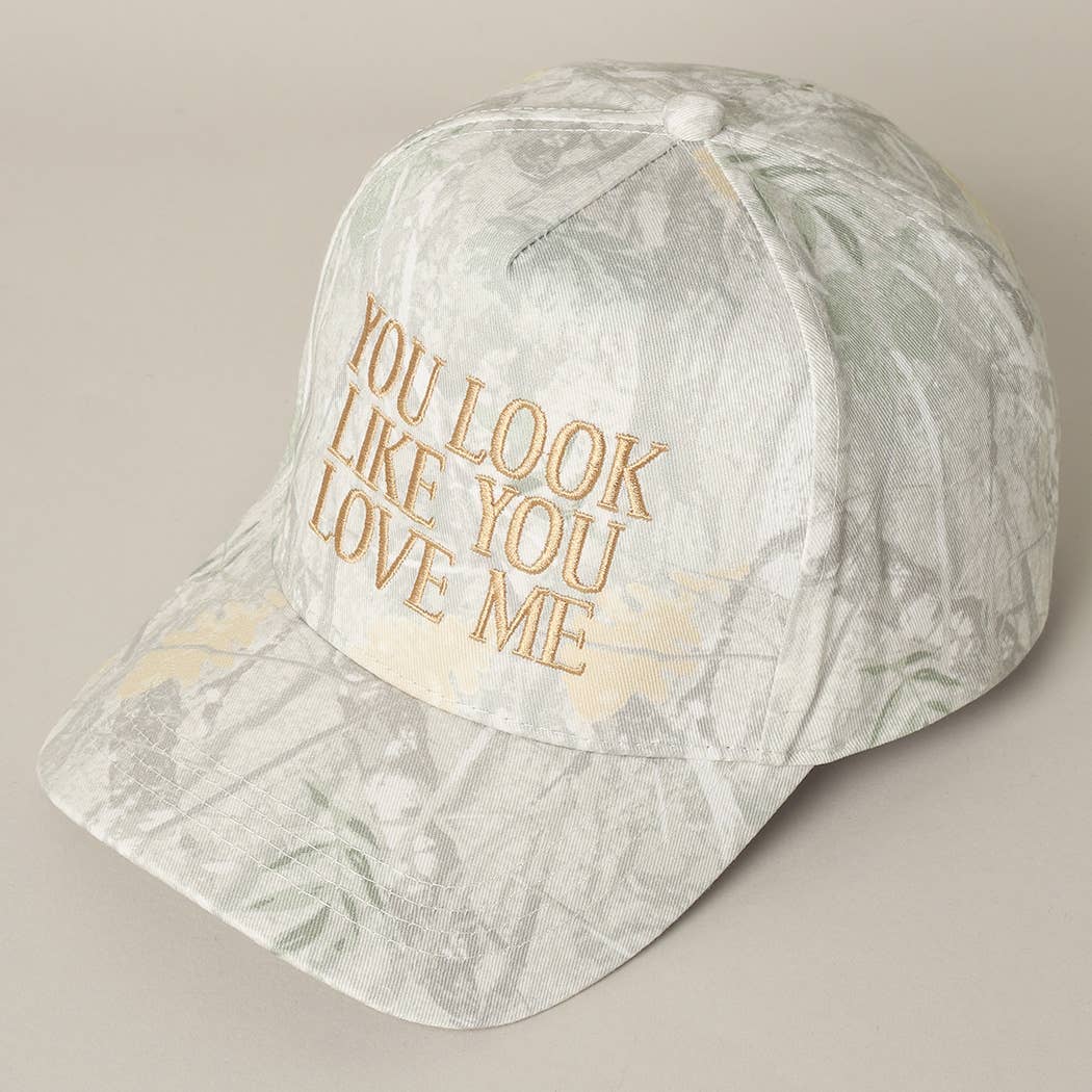 "You Look Like You Love Me" Embroidery Camo Cap: BEIGE CAMO-BEIGE