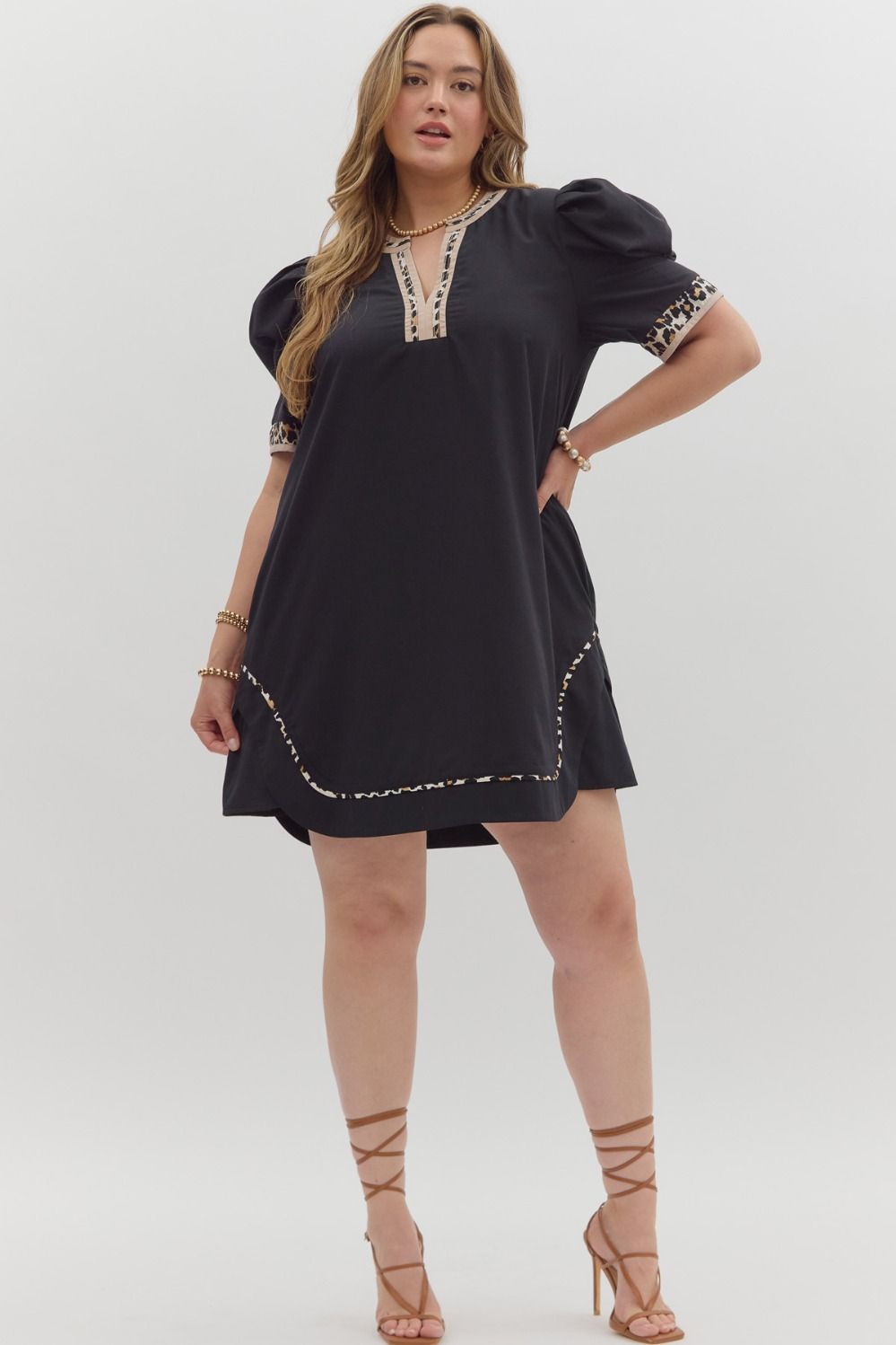 Black Puff Sleeve Dress with Leopard Trim Detail