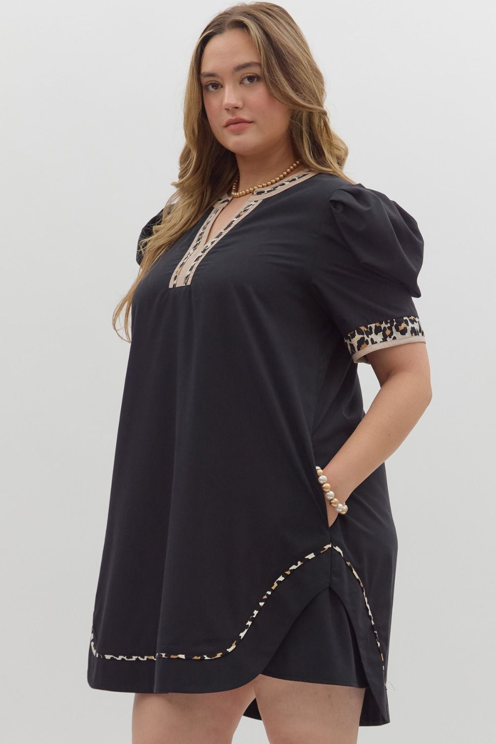 Black Puff Sleeve Dress with Leopard Trim Detail