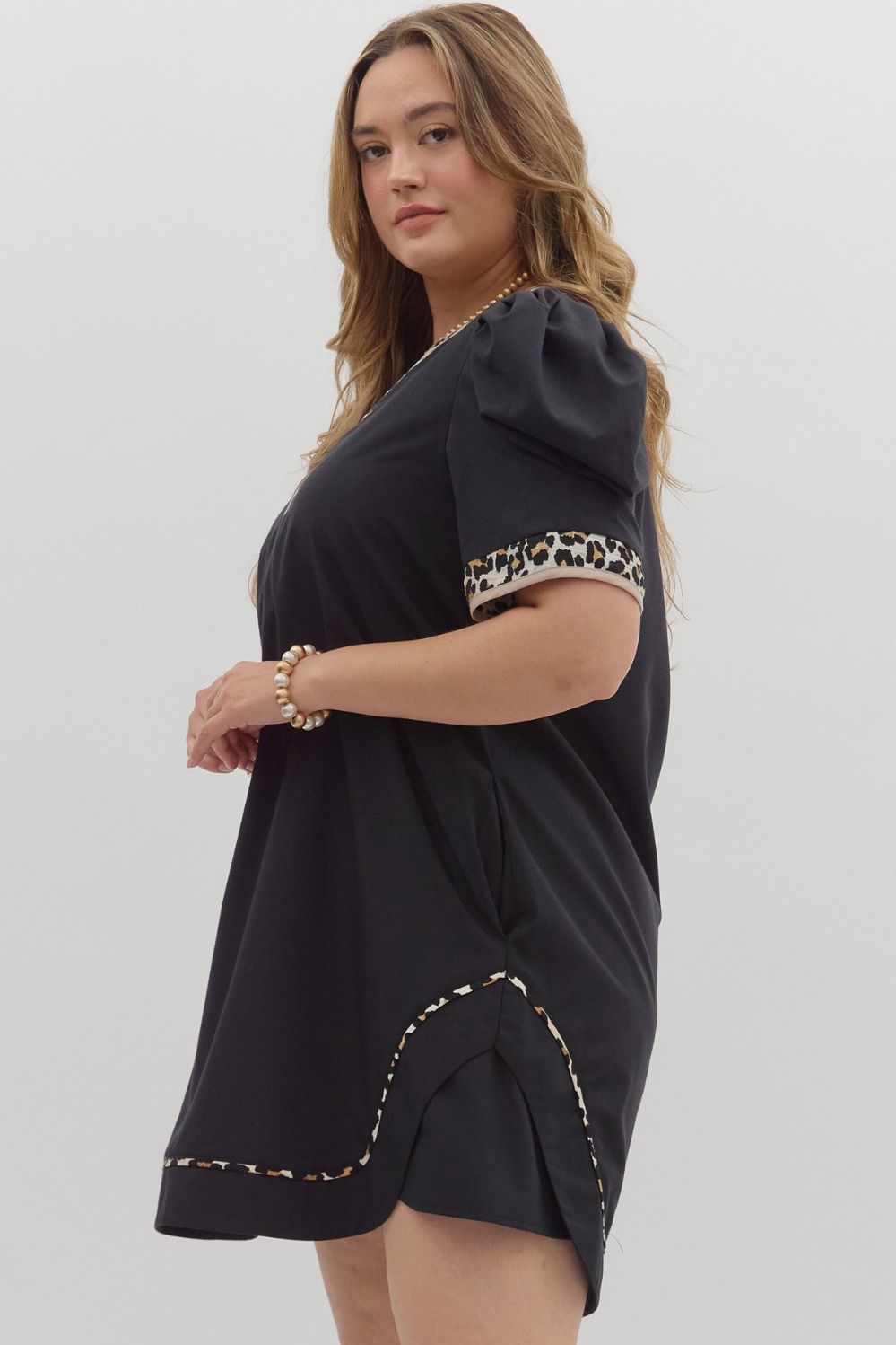 Black Puff Sleeve Dress with Leopard Trim Detail