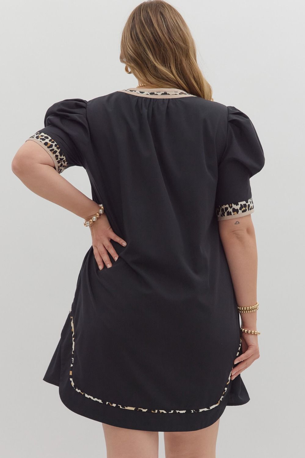 Black Puff Sleeve Dress with Leopard Trim Detail