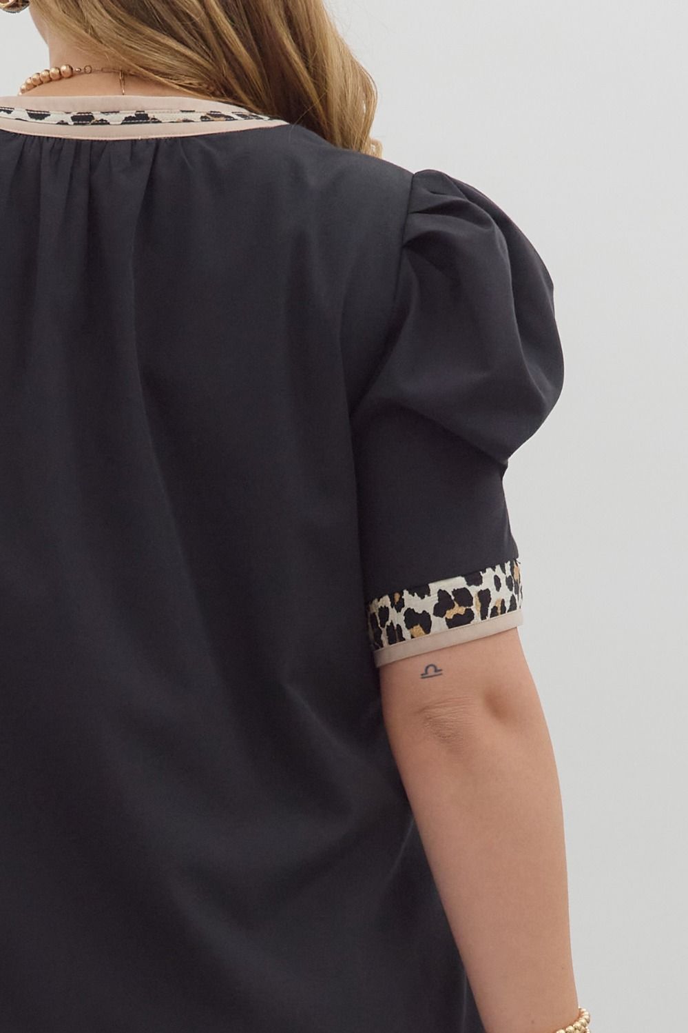 Black Puff Sleeve Dress with Leopard Trim Detail