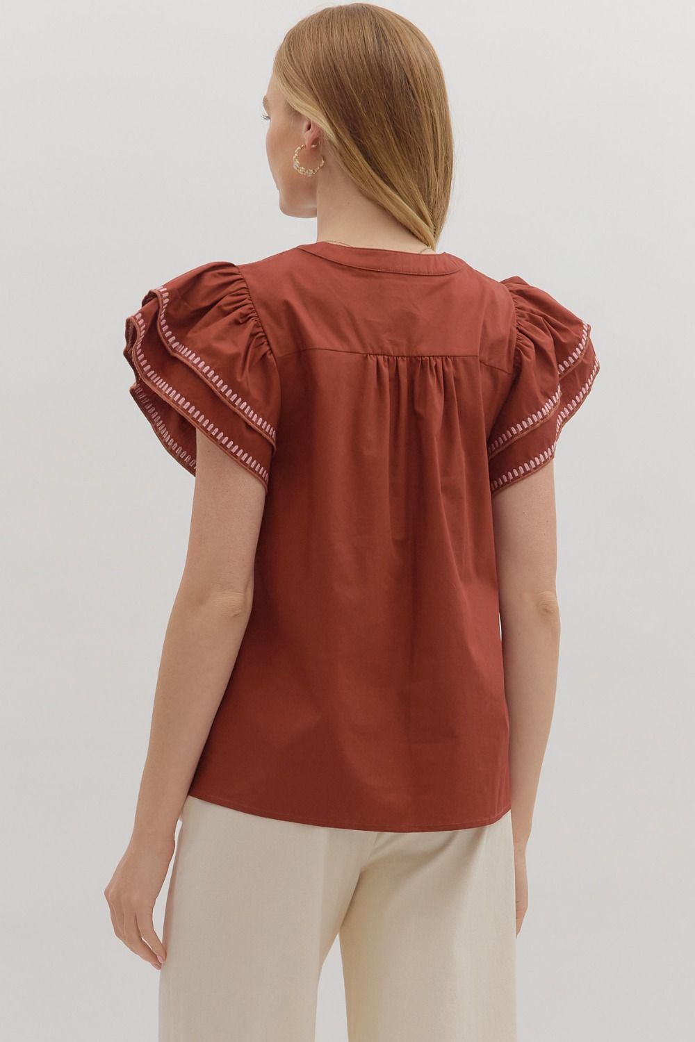 Jordan Ruffle Flutter Sleeve Top in Brick