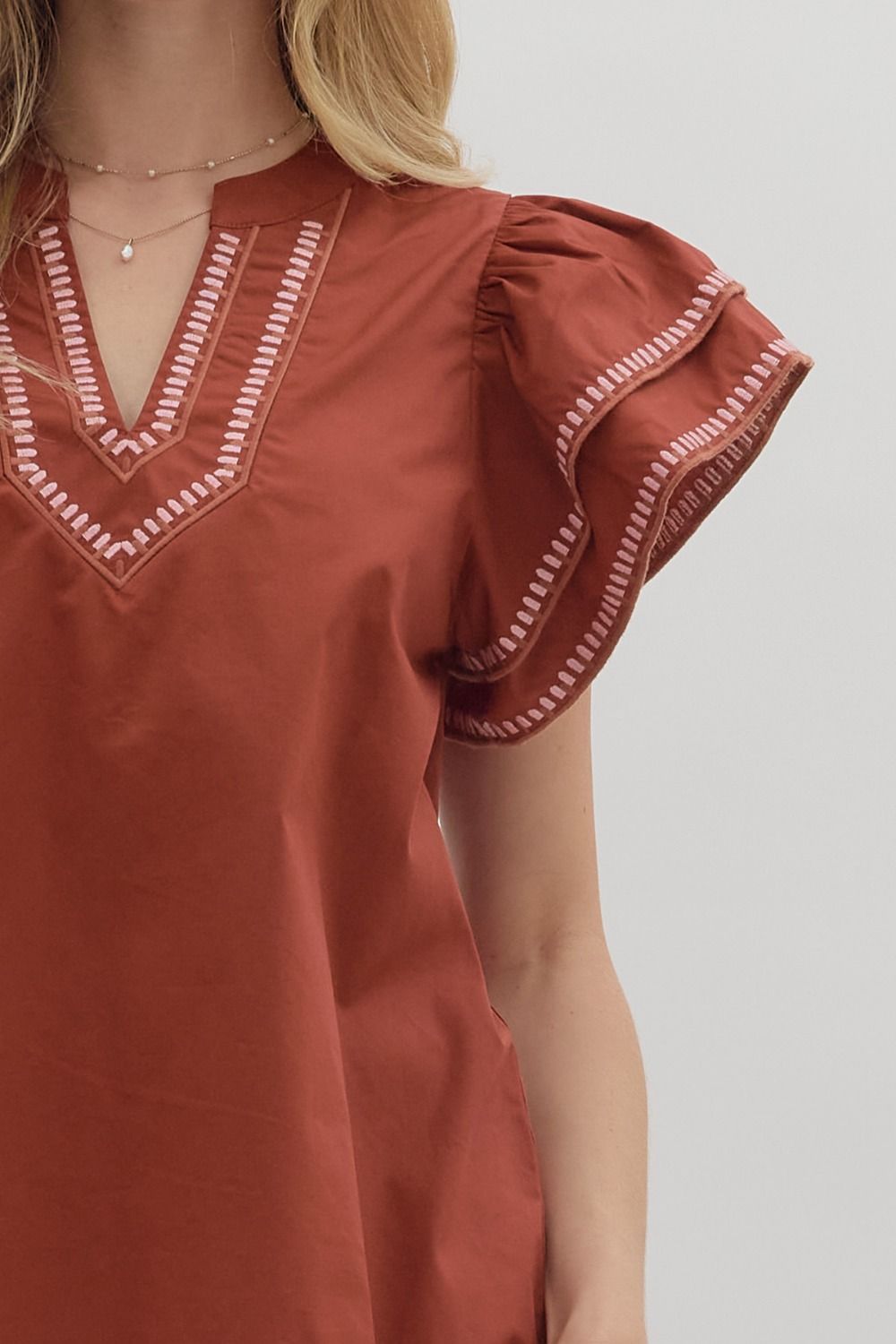 Jordan Ruffle Flutter Sleeve Top in Brick