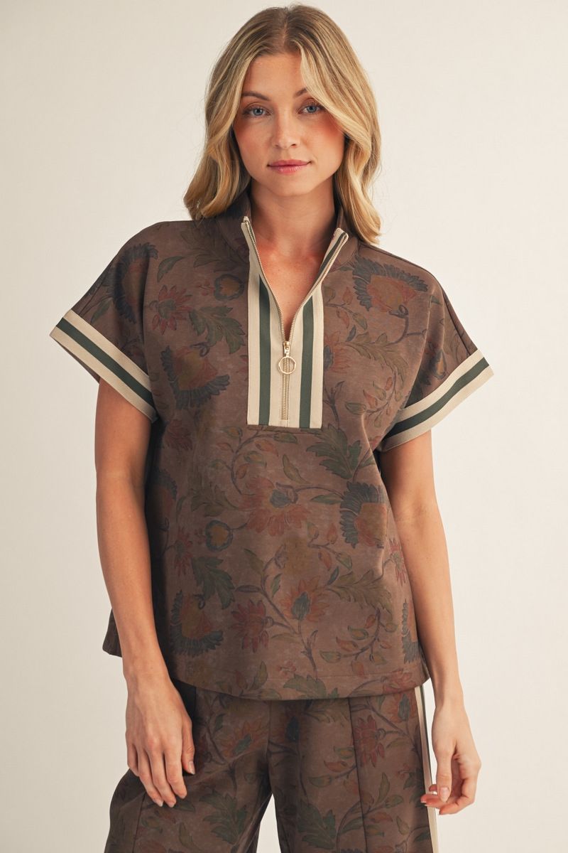 Espresso Floral Half-Zip Top