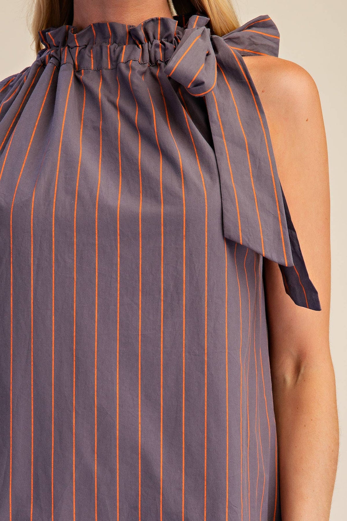 Stripe Mini Dress Ruffle Neck Adjustable Tie Sleeveless: Camel/Slate / L