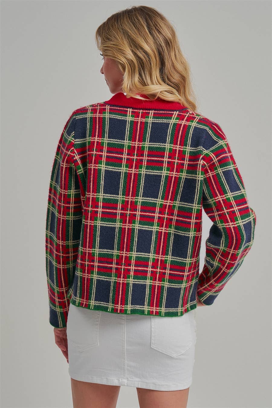 CHRISTMAS PLAID CHECK SWEATER CARDIGAN _JLT00401-02: NAVY CHECK / S-M-L(2-2-2)