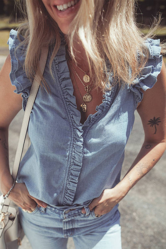 Ruffle Trim V Neck Chambray Top: Beau Blue