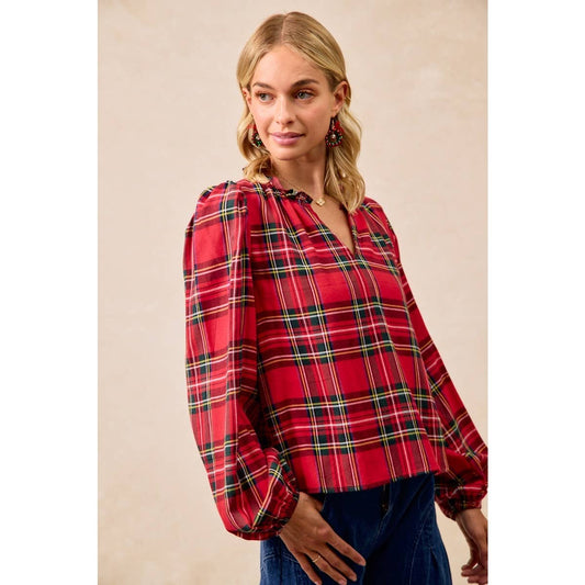 CHRISTMAS PLAID BALLOON SLEEVES RUFFLED V-NECK TOP: RED PLAID / L