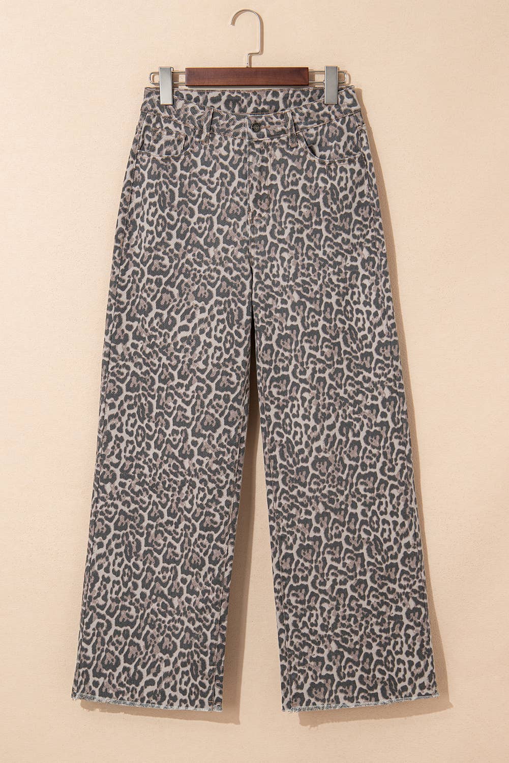 Leopard Frayed Edge Wide Leg High Waist Jeans: Brown