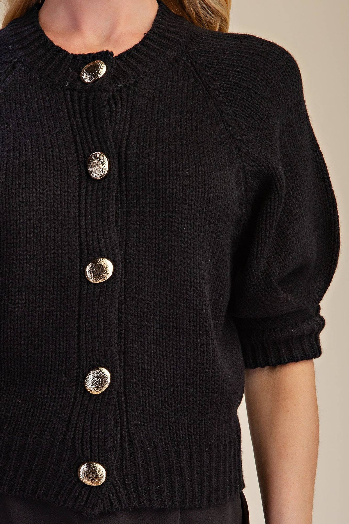 Puff Sleeve Sweater Cardigan: Black / M