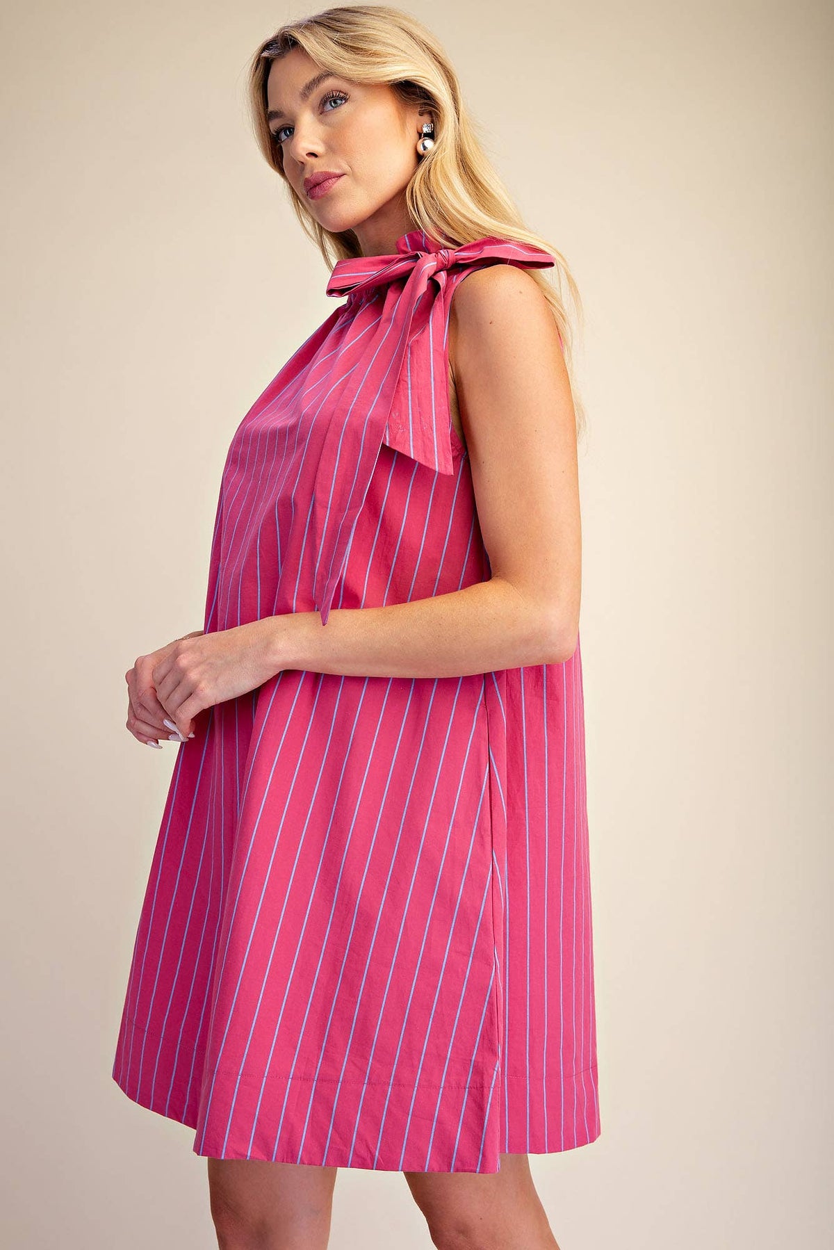 Stripe Mini Dress Ruffle Neck Adjustable Tie Sleeveless: Camel/Slate / L