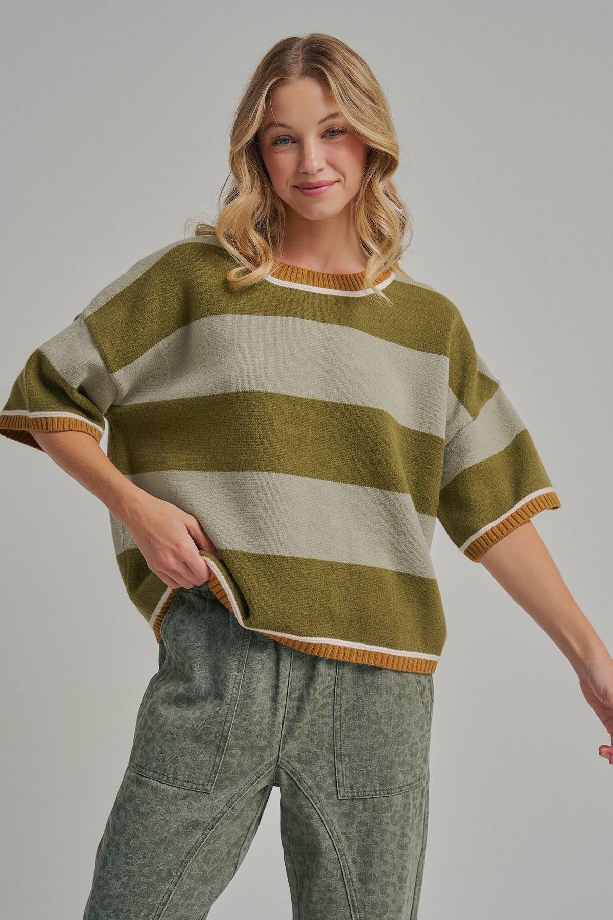 WIDE STRIPE LOOSE FIT DROP SHOULDER SWEATER TOP_JLT00303-01: BLUE/BROWN / S-M-L(2-2-2)