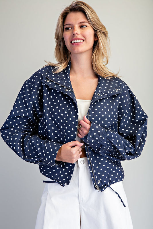 Navy Polka Dot Zipper Jacket