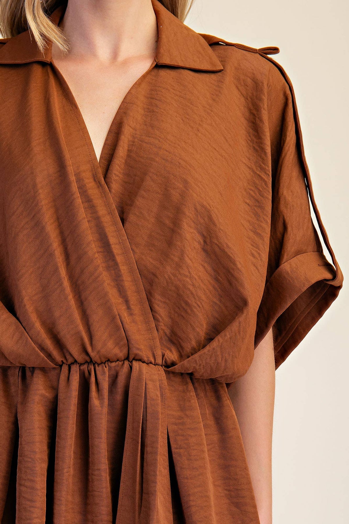 Lapel Collar With V-neckline Wrap Dress: Burgundy / L