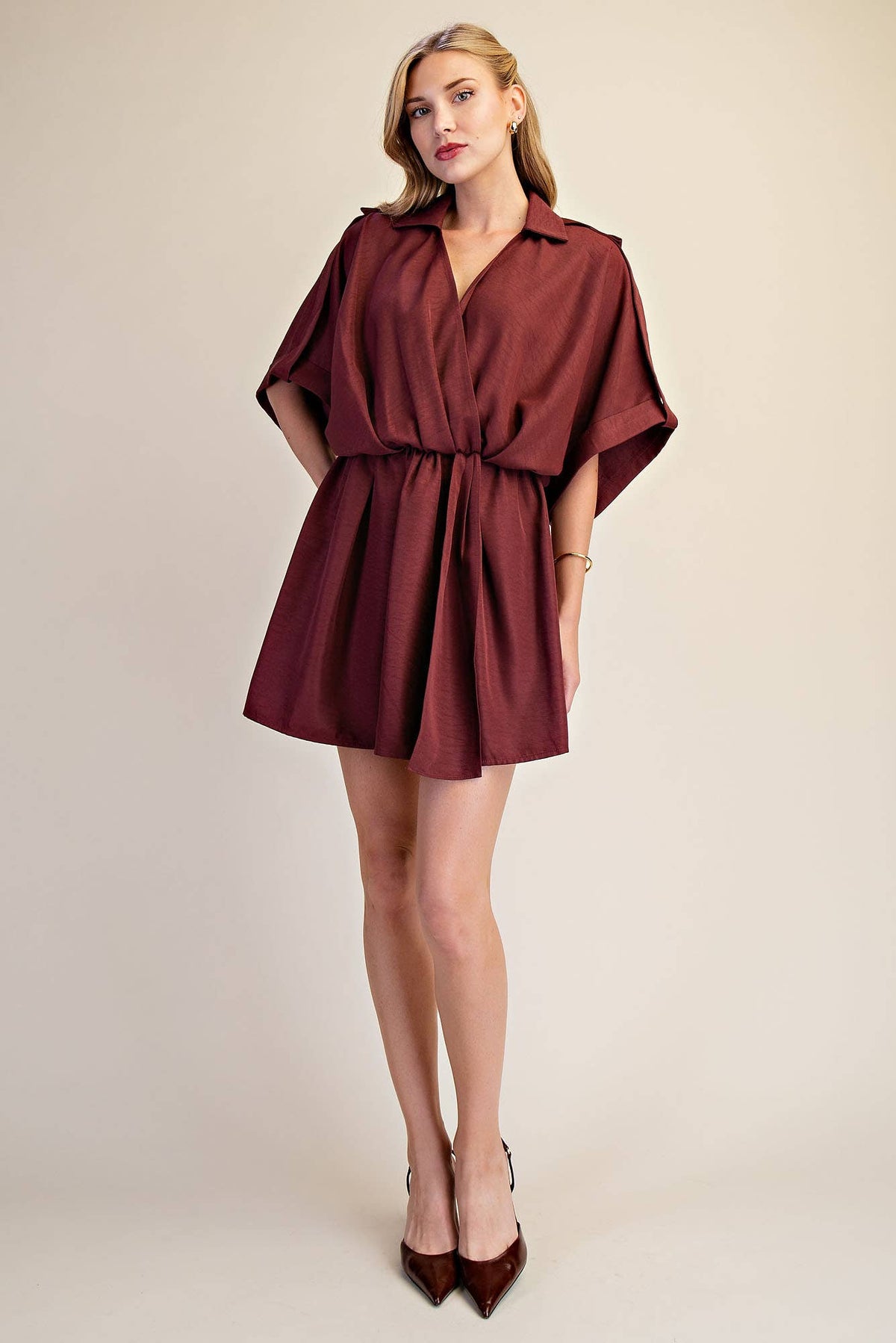 Lapel Collar With V-neckline Wrap Dress: Burgundy / S