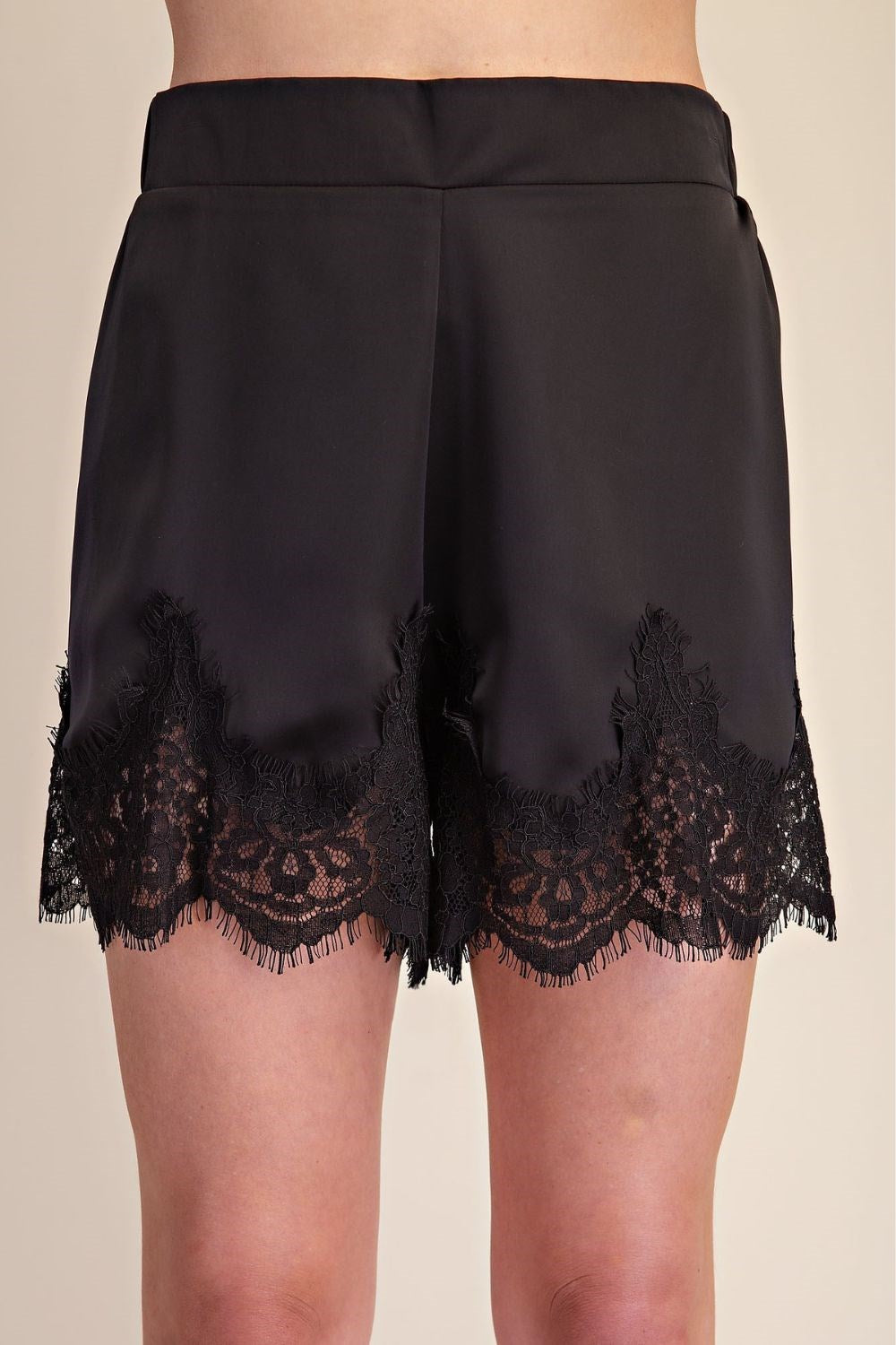 Black Satin Short with Lace Hem