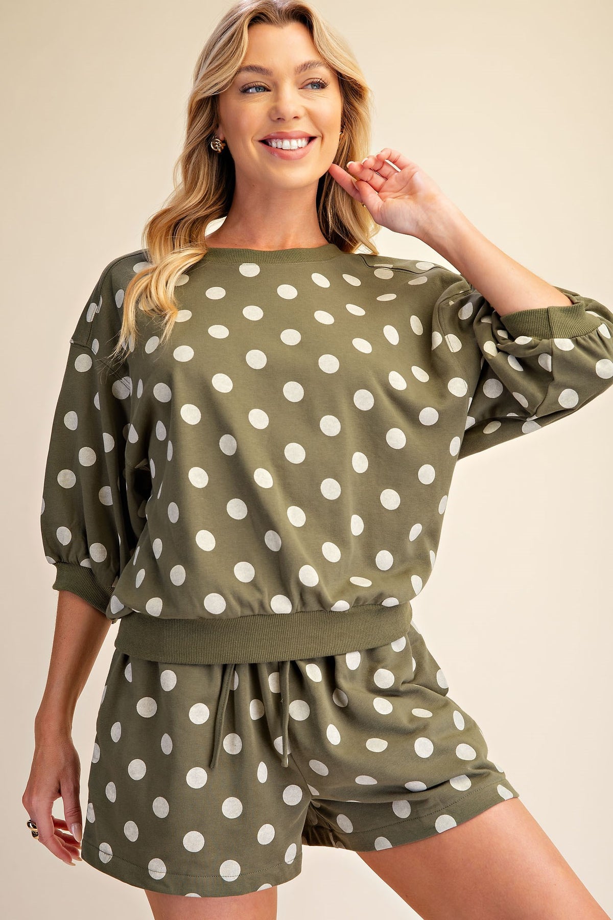 Olive Bubble Sleeve Polka Dot Sweatshirt