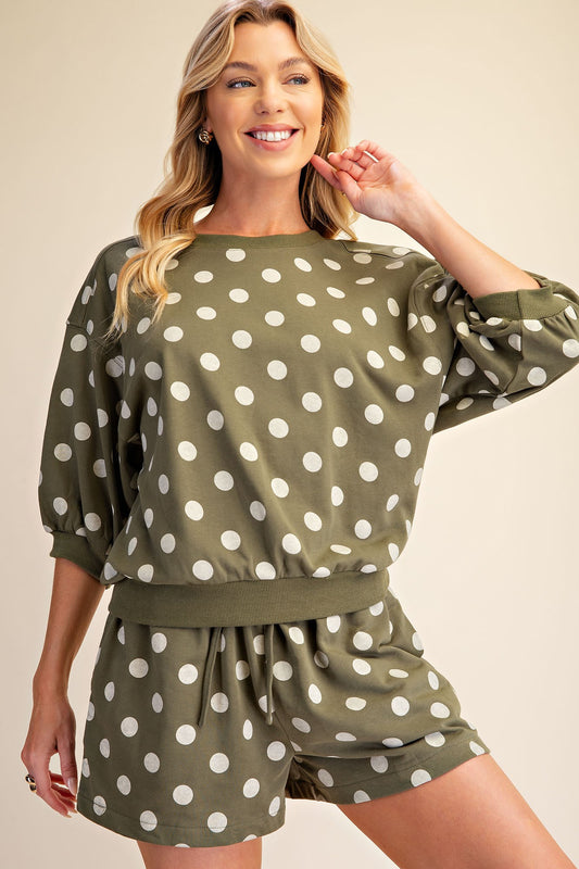 Olive Bubble Sleeve Polka Dot Sweatshirt