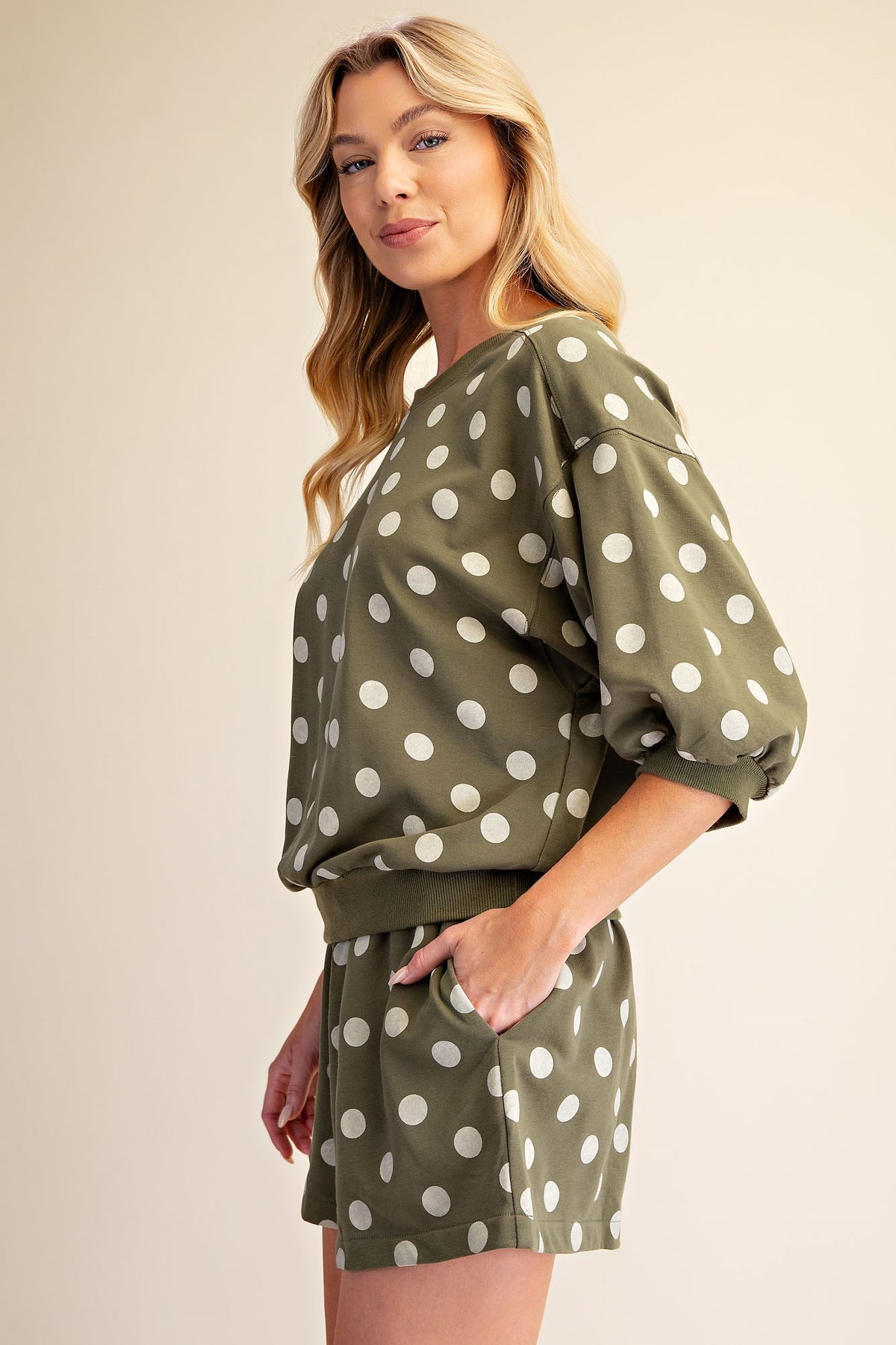 Olive Bubble Sleeve Polka Dot Sweatshirt