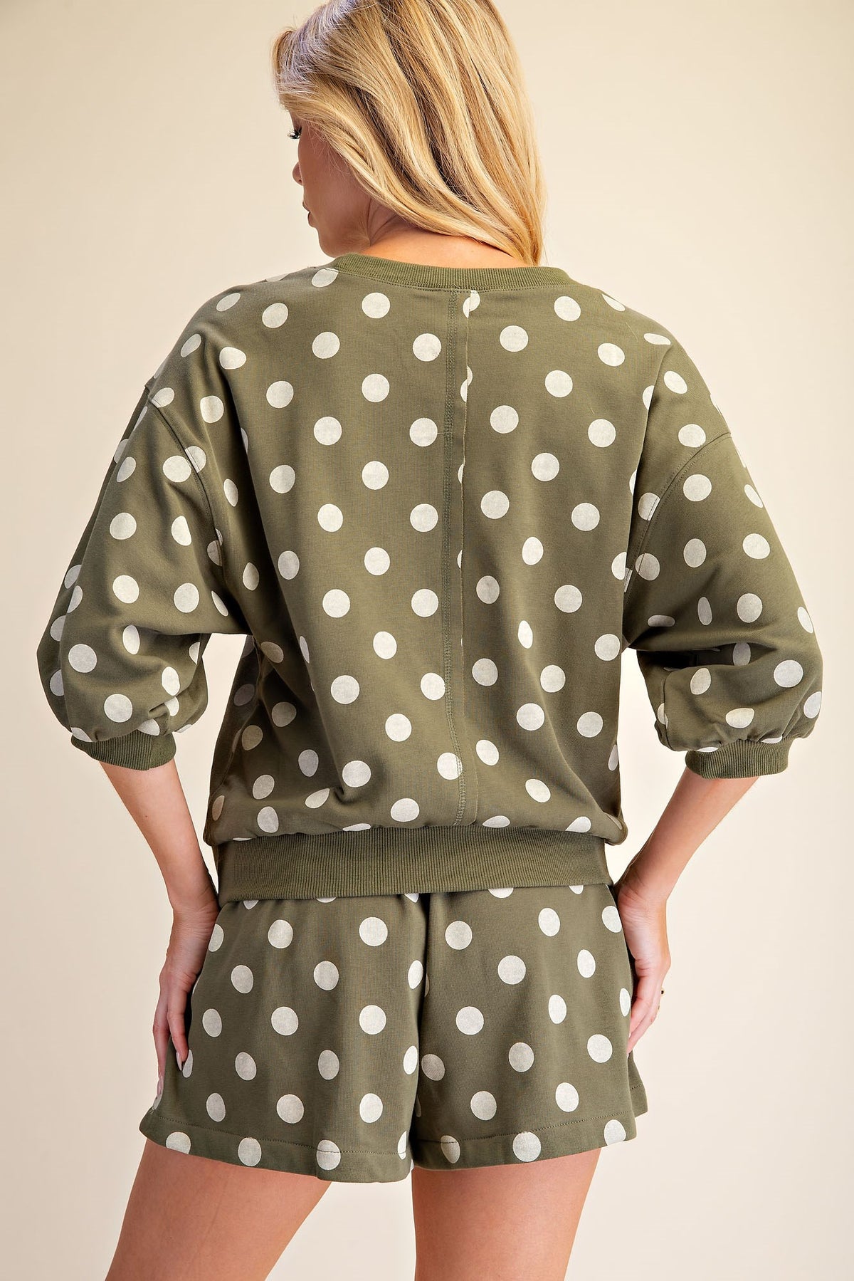 Olive Bubble Sleeve Polka Dot Sweatshirt