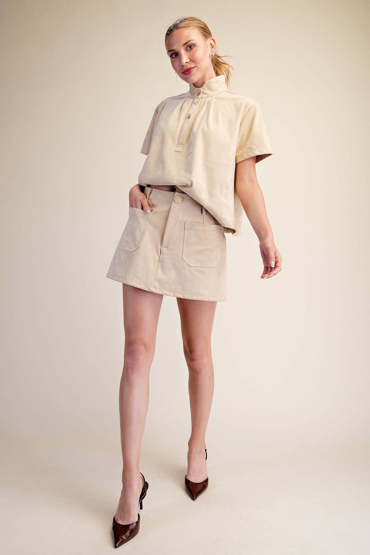 Suede-Look Soft Brush Stretchy Skort: Olive / L