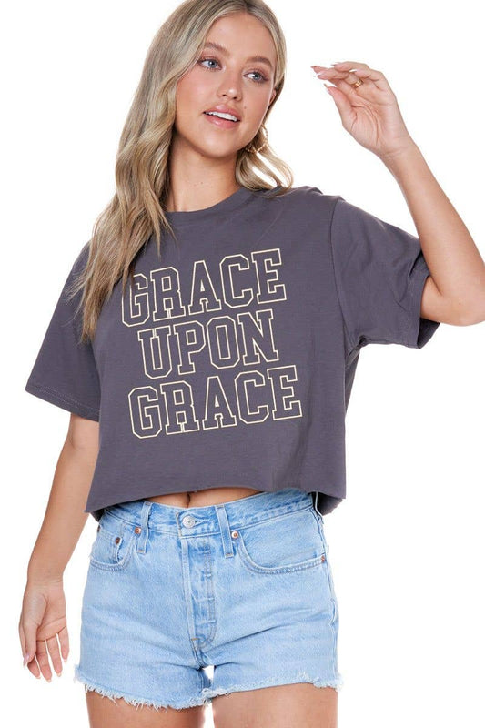 "Grace Upon Grace" Graphic Faux Cropped Tee: INK