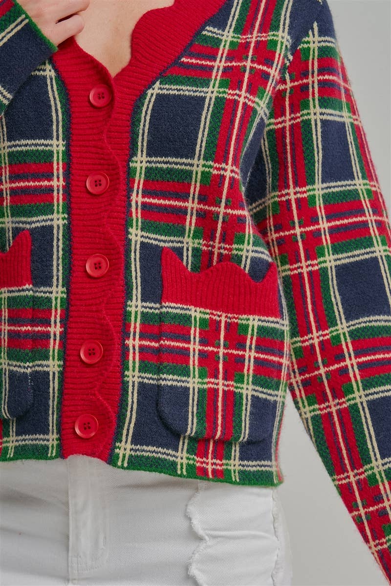 CHRISTMAS PLAID CHECK SWEATER CARDIGAN _JLT00401-02: NAVY CHECK / S-M-L(2-2-2)
