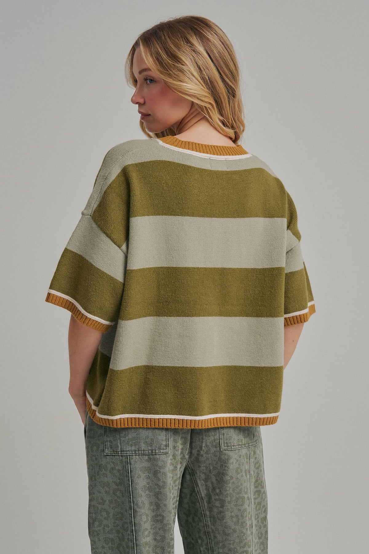 WIDE STRIPE LOOSE FIT DROP SHOULDER SWEATER TOP_JLT00303-01: SAGE/OLIVE / S-M-L(2-2-2)